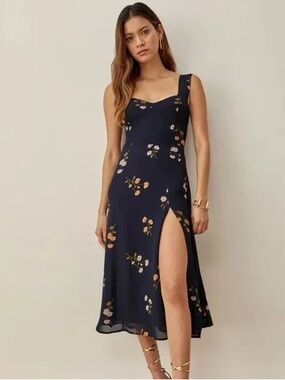 Reformation Navy Floral Midi Dress with Sweetheart Neckline